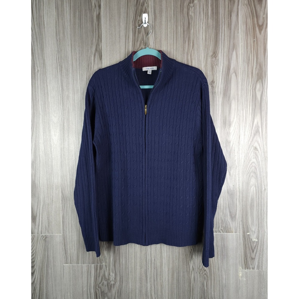 Oleg Cassini Mens Navy Blue Cable Knit Full Zip Mock Neck Sweater Large